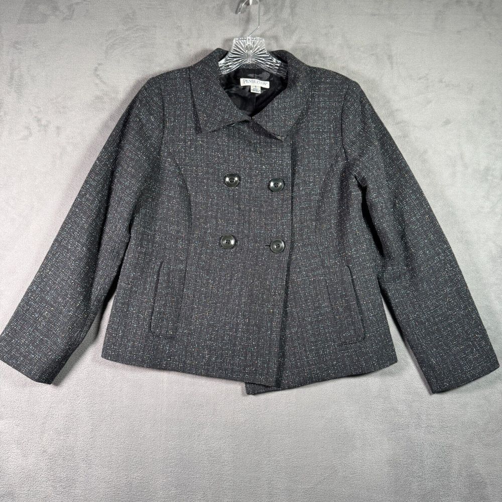 Pendleton Blazer Womens 6 Black Virgin Wool Tweed Double Breasted Jacket Preppy‎